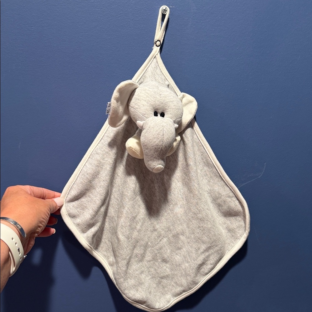 Gray Plush Elephant blanket Lovey - Cream with attached loop jersey blend rattle